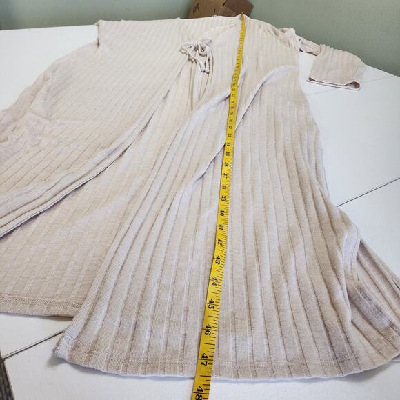 MNG Mango Womens Ribbed Long Duster Cardigan Size Large Beige Tie Front Slits - Picture 12 of 12